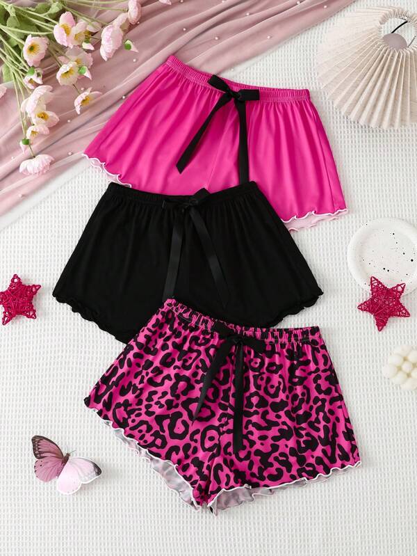 Shein Underwear&Sleepwear Basics Pantaloni scurți de damă, cu decorațiuni cu fundă, cu ornamente de salată verde, pentru îmbrăcăminte de noapte, vară