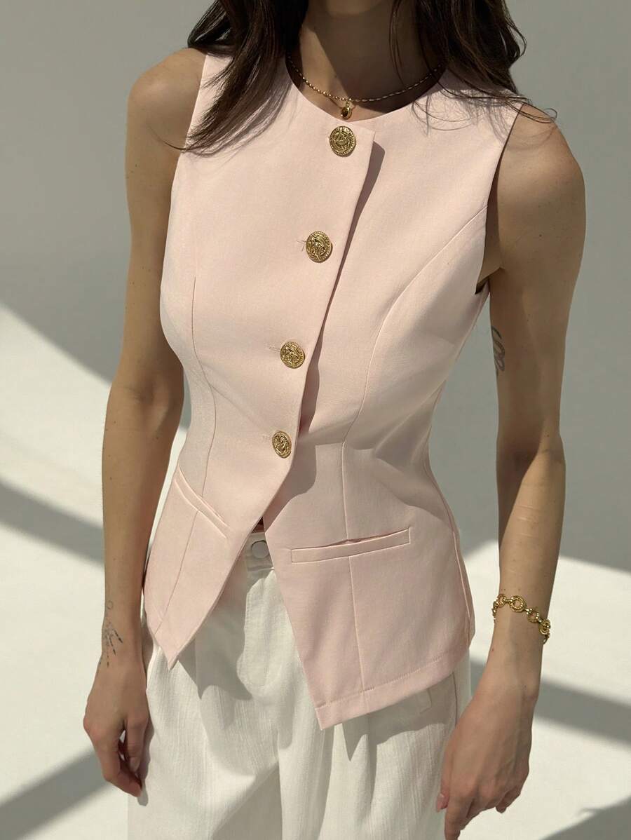 Aloruh Modern Sleeveless Fitted Waist Slim Round Neck Blazer In Fall/Winter - Baby Pink - View 1