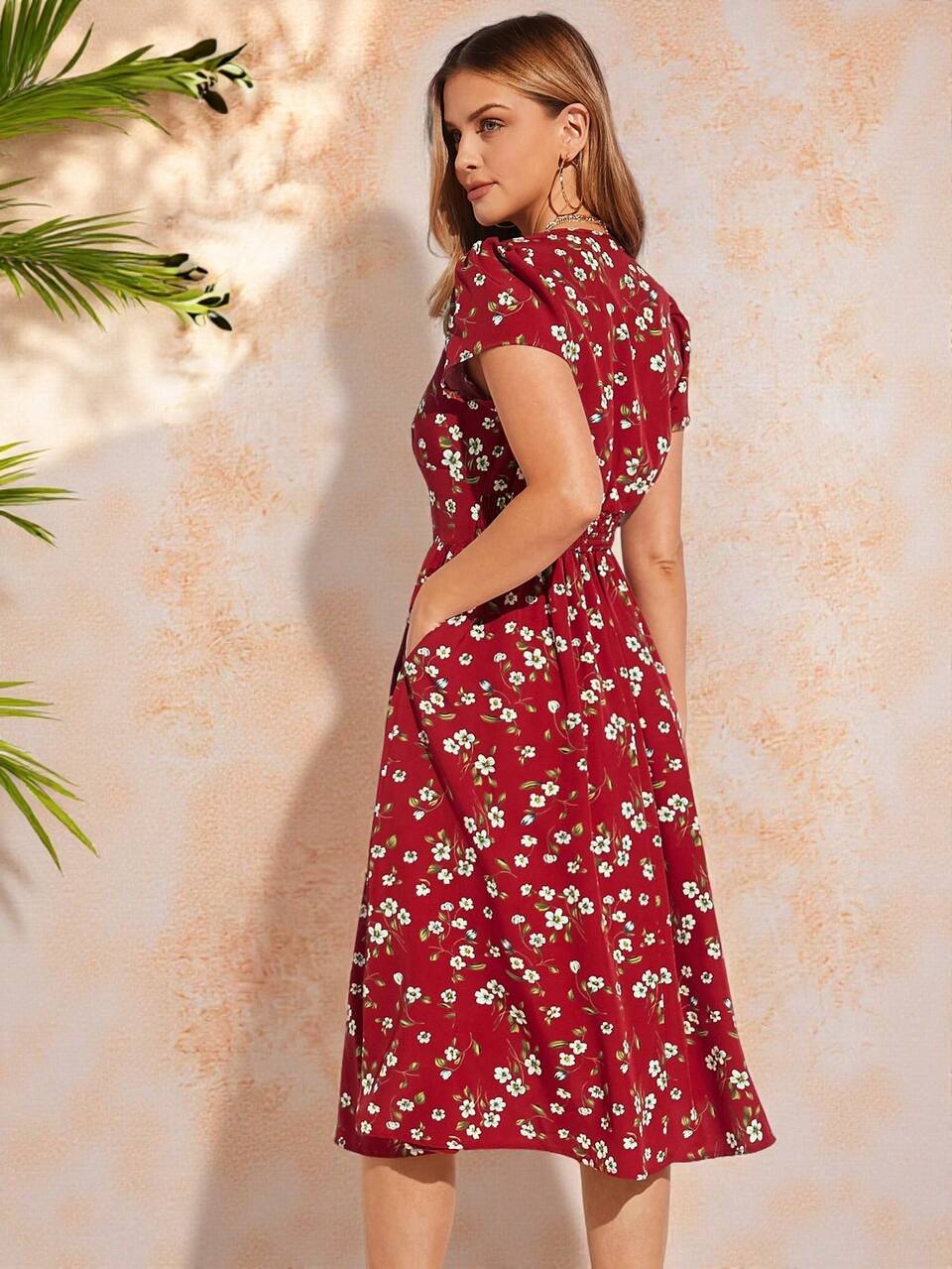Women's Dark Red Summer Boho Floral Print Slant Pocket Dress,Elegant V-Neck Ruffled Sleeve A-Line Mini Dress For Brunch,Holiday,Vacation & Casual Wear
