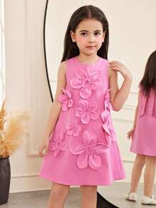 SHEIN Vestido casual y holgado con cuello alto simulado y decoración floral para niñas jóvenes, con estilo minimalista - Rosa Fucsia - Ver 5