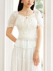 SHEIN LUNE 女士浪漫假日方领短款泡泡袖衬衫 - 杏色 - 查看 1