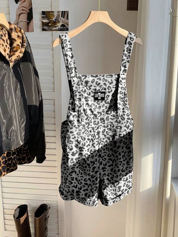 Comfortcana Plus Size Women Leopard Print Letter Graphic Overall Romper, Casual & Versatile