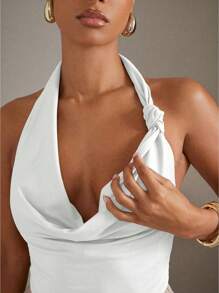 Hauture Women's Solid Color Sexy Fashion Cowl Neck Blouse - White - View 3