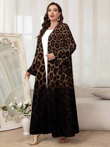Al Najma Women's Elegant Leopard Print Ombre Long Sleeve Abaya, Modest Robe