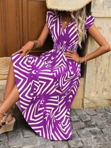 SHEIN LUNE Allover Print Shirred Vacation Dress - Purple - View 6