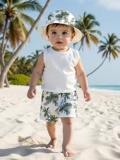 SHEIN Playful Pals Conjunto de pantalones cortos + sombrero con estampado de vacaciones en la playa para bebés niños para uso en exteriores