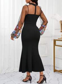 SHEIN Lady Spring And Summer Elegant Romantic Mesh Embroidery Lantern Sleeves Holiday Romantic Perspective Fishtail Dress - Black - View 2