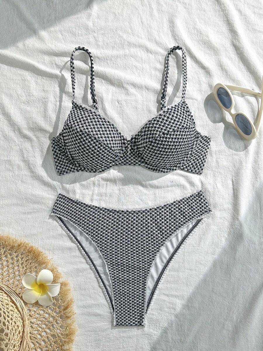 Swim Mod Women's Plaid Print Spaghetti Strap Bikini Set For Summer Beach Vacation - Black and White - View 1