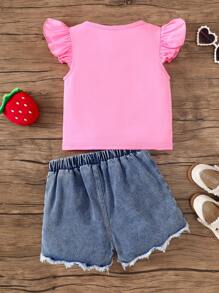 SHEIN Young Girl Casual Simple Comfortable Round Neck Short Sleeve Ruffle Trim Strawberry Pattern Denim 2 Pieces Set - Pink - View 3
