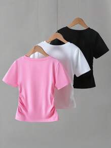 3 pièces T-shirt à manches courtes plissé avec imprimé nœud papillon pour filles en gris, rose et noir