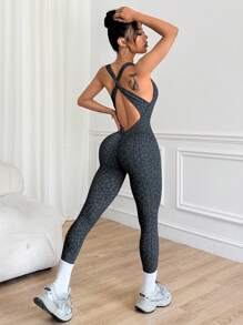 SHEIN Sport Studio 1pc Women's Leopard Print 7/8 Yoga Exercise Jumpsuit