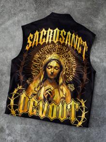Manfinity Roghcode Manfinity Streetrush Men's Street Style Virgin Mary & Jesus Print Zipper Padded Top, Men Religious Shirts, Religious Shirts Men - Multicolor - View 1