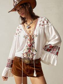 Bohemela 大码波西米亚风格花卉印花系带长袖衬衫 - 白色 - 查看 5