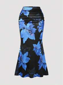 SHEIN Clasi Floral Print Elastic Bodycon Fish Tail Skirt, New French Design Intellectual Skirt, Versatile Slim Waist Fishtail Skirt For Women Fall Cloth For Women - Blue - View 1