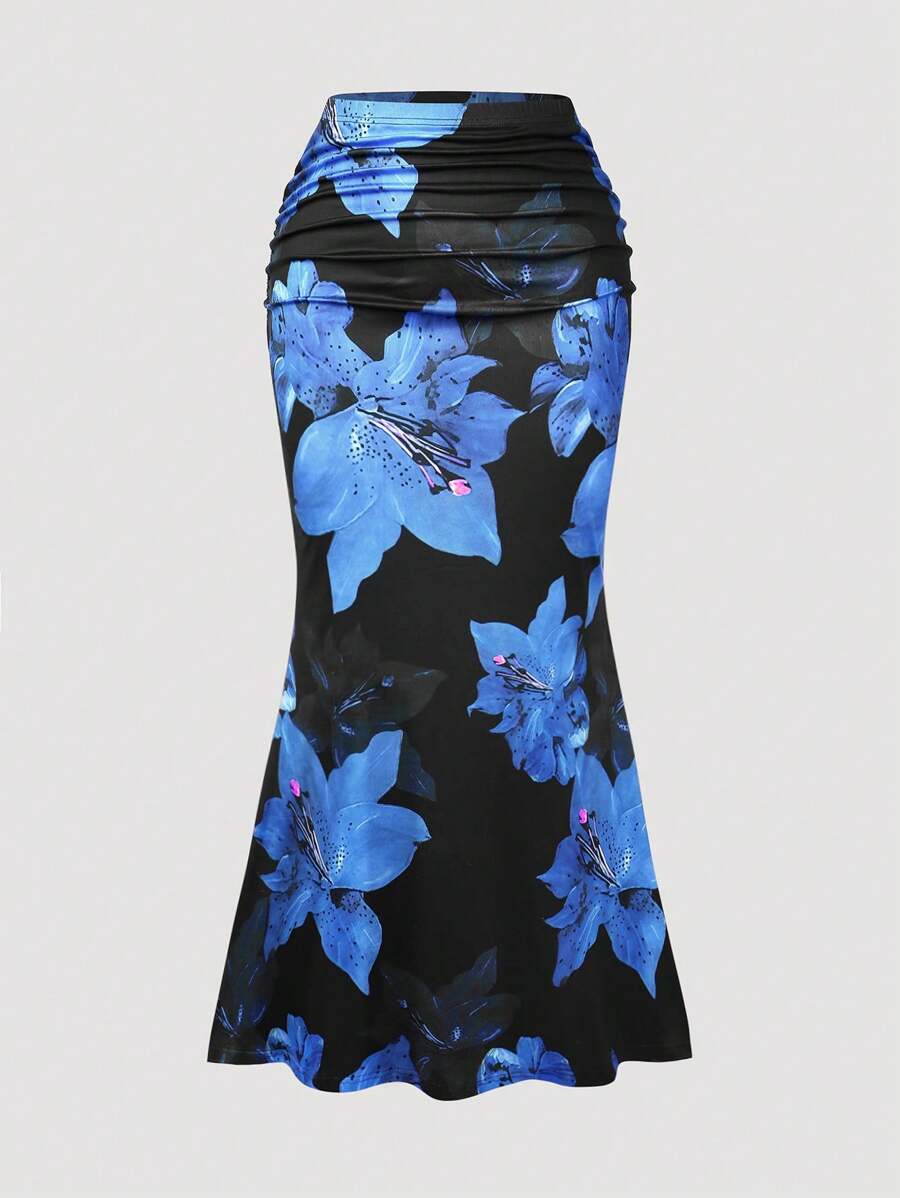 SHEIN Clasi Floral Print Elastic Bodycon Fish Tail Skirt, New French Design Intellectual Skirt, Versatile Slim Waist Fishtail Skirt For Women Fall Cloth For Women - Blue - View 1