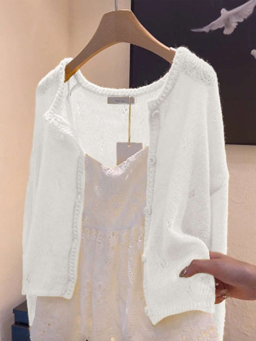 INAWLY Women's Casual Versatile Solid Color Thin White Cardigan - White - View 1