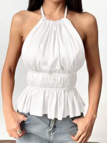 SHEIN EZwear Sexy Satin Backless Halter Neck Sleeveless Top, Summer - White - View 6