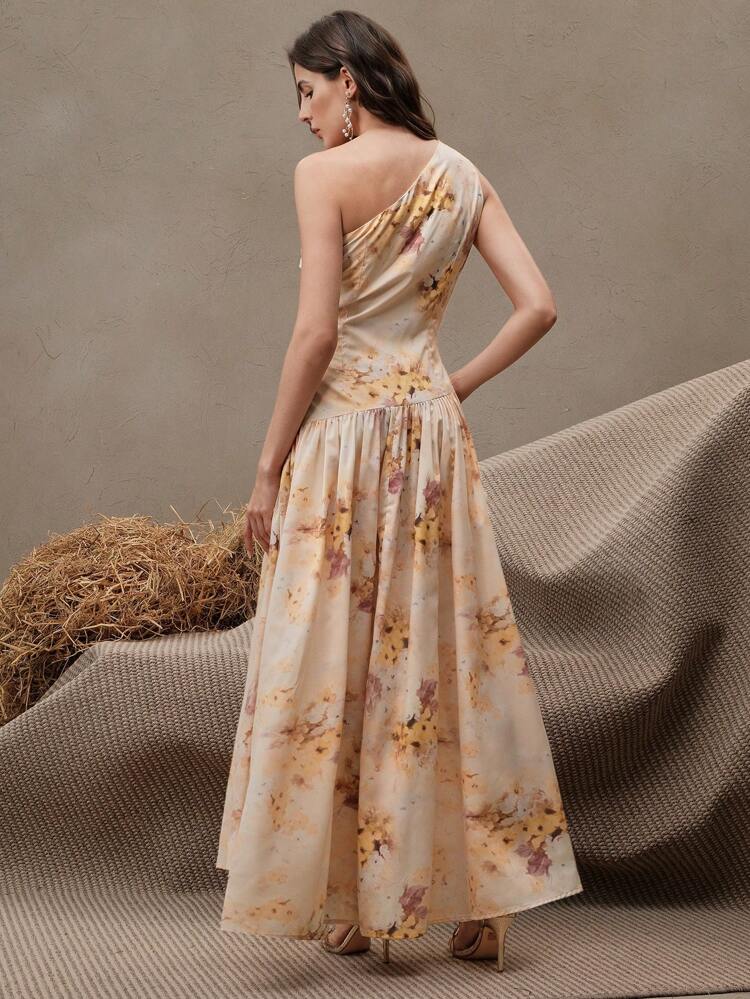 Women's Elegant Romantic Casual Holiday Hollow Yellow Floral Print Asymmetric Ruffle Waist Maxi Dress, Suitable For Spring/Summer, Festival, Graduation