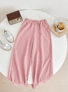 SHEIN LMoss Kids Pantalones anchos de pierna ancha con cintura elástica con cordón de tela texturizada para niñas preadolescentes