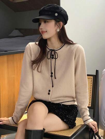 DAZY Women's Color Block Bowknot Long Sleeve Knit Sweater, Autumn/Winter,Long Sleeve Tops