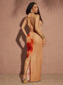 Vixey Sheer Tropical Floral Print Mesh Halter Neck Maxi Dress, Vacation Dress, Summer Dress, Island Vacation Outfits, Vacation Outfits Woman, Beach Outfits For Woman, Beach Dress, Beach Vacation Outfits, Beach Essentials - Multicolor - View 2