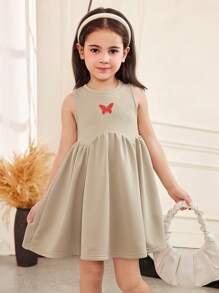 SHEIN Vestido informal para niña con escote redondo, sin mangas, con estampado de mariposa, y diseño asimétrico partido
