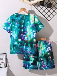 Bộ 2 áo thun cổ tròn họa tiết 3D vui nhộn thường ngày cho bé trai tuổi teen và quần short cạp chun, thích hợp cho các hoạt động vui chơi ngoài trời, đi học, dạo phố, tiệc tùng và giải trí, mùa thu/xuân/hè - màu xanh lá - Xem 2