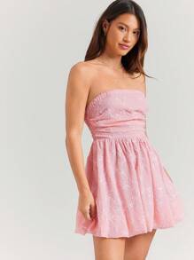 WESTFADE Embroidered Spring Floral Woven Strapless Smocked Back Western Cowgirl Summer Vacation Babydoll Dress - Baby Pink - View 4