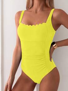 SHEIN Swim 1pc Women Solid Color Swimsuit For Beach/Holiday For Summer Beach Vacation - Yellow - View 4