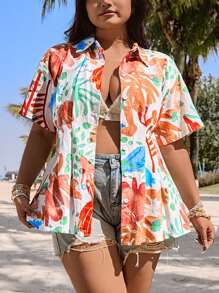 SHEIN EZwear Chemise grande taille d'été à taille serrée, Top de vacances pour la plage d'été - Blanc - Voir 3