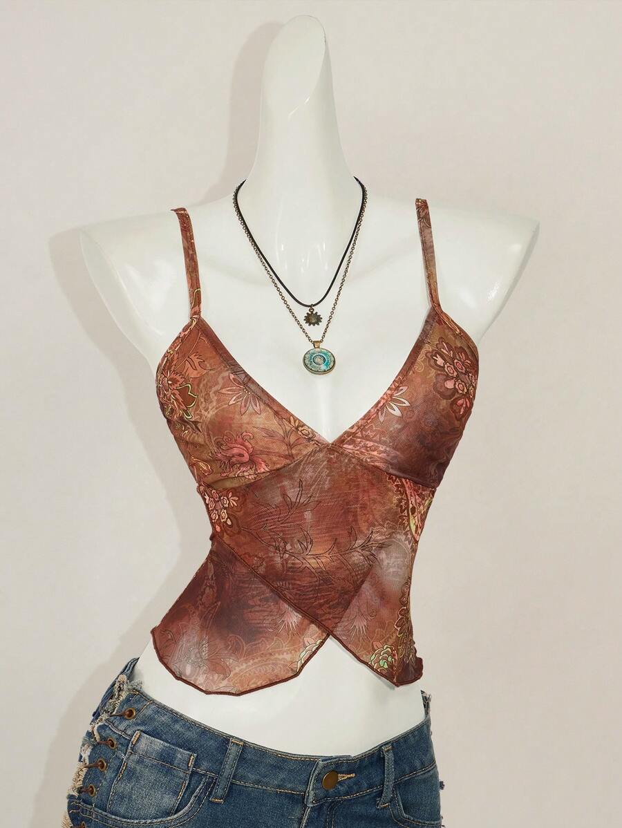 SHEIN ICON Y2K Style Boho Printed Camisole Tank Top, Minimalist & Fashionable Casual Everyday Wear - Brown - View 1