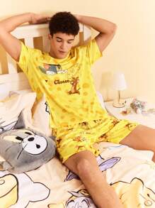 TOM & JERRY X SHEIN Men's Cute Cartoon & Cheese Print Short Sleeve Top And Shorts Pajama Set, Summer
