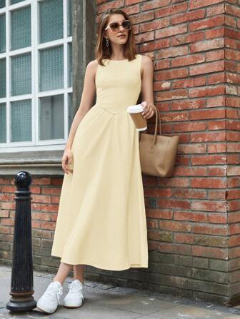 BizChic Women's Solid Color Round Neck Waist Cinched A-Line Dress, Elegant For Weddings, Business Casual, Concerts, And Wedding Guest Attire