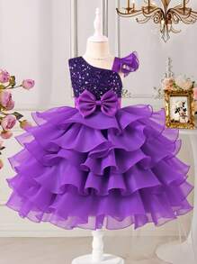SHEIN Vestido de princesa para niña con detalles de lazos con lentejuelas y velo de tul multicapa