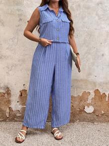 SHEIN LUNE Plus Size Women Cotton Striped Cardigan, Casual Summer Business Outfit With Striped Shirt And Baggy Pants, Regular 2pcs Set, Spring/Summer - Multicolor - View 1