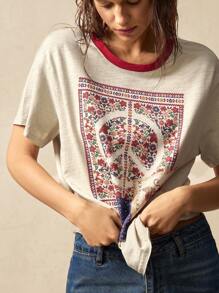 Bohemela BOHO Relaxed Fit Women's T-Shirt With Paisley Print And Solid Color, Vintage American Resort Style - Apricot - View 2