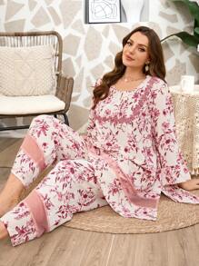 Serenescape Plus Size Women Floral Print Patchwork Semi-Sheer Mesh Bell Sleeve Top & Pants Pajama Set Holiday Season, Cozy Outfits, Fall Winter Clothes - Multicolor - View 5
