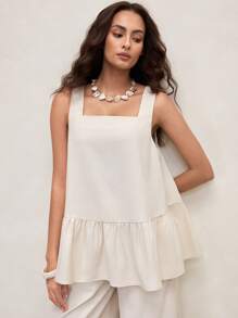 Zanirela Zanirela Women Linen Ruffle Babydoll Loose Fit Top & Wide Leg Pants Two Pieces Outfits For Daily Wear,Summer Outfits For Women - Apricot - View 3