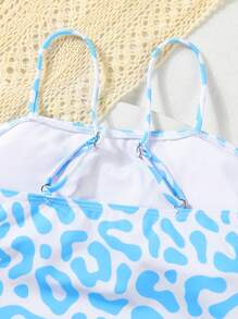 女童豹纹分体泳衣，带肩带，随机印花 - 藍色 - 查看 4