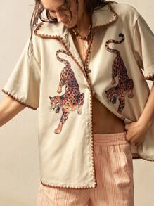 Bohemela 休闲纯色梭织宽松女式衬衫 - 卡其色 - 查看 4