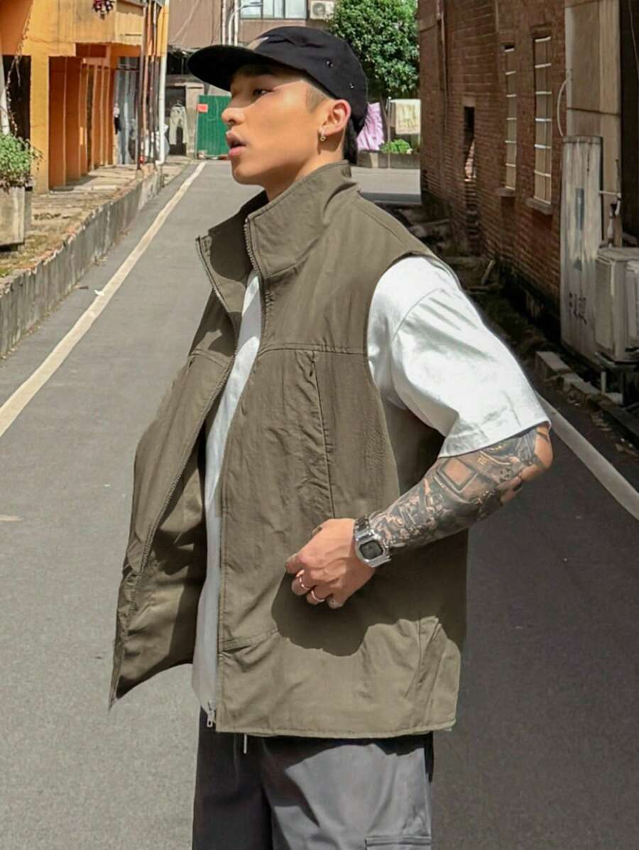 DAZY 男士纯色拉链领休闲背心,夏季 - 軍綠色 - 查看 1