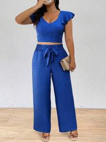 SHEIN PETITE مجموعة بحجم كبير ملابس علوية بحمالات من الكشكشة وبنطال ضيق، قطعتان - الأزرق - مشاهدة 4