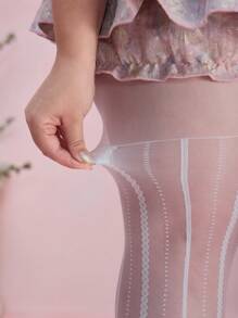 ROMWE Kawaii 1 Pair Charyeok White Dot And Vertical Stripe Pattern Silk Stockings - White - View 2