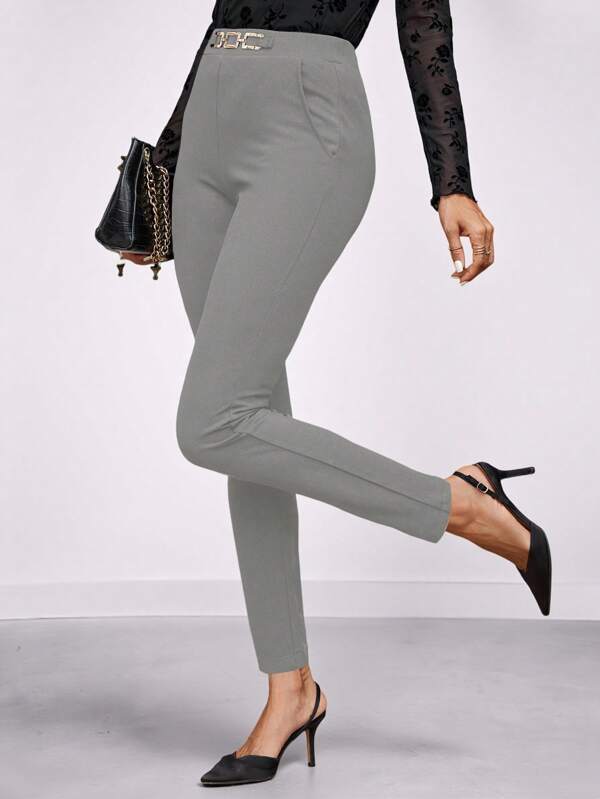 Amorya Women's High Waist Metallic Buckle Detail Skinny Pants