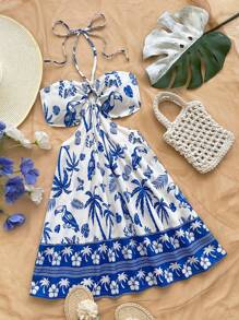 Soleia 浪漫热带植物与鸟类图案女士收腰镂空度假连衣裙，蓝色和白色