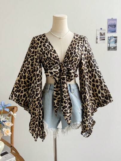 Soleia Casual Vacation Tie-Front Flare Sleeve Ruffle Cuff Leopard Print Shirt