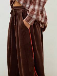 COUREZ Unisex Low Rise Oversized Velour Joggers With Contrast Piping /Summer Outfits For Women Y2K Summer Bottoms Summer Clothes Vintage - Brown - View 7