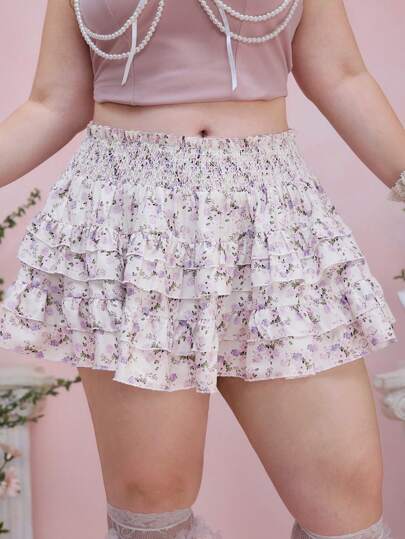 Fairycore Plus Size Summer Ditsy Floraly Ruffle Hem Empire Waist Skirt