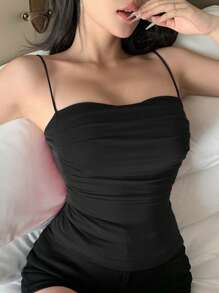 DAZY 自衬褶皱设计修身吊带背心短款女式上衣