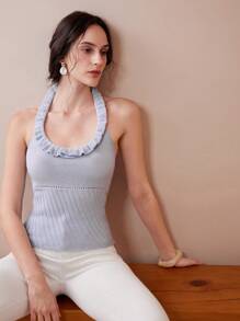 Chiquease Débardeur côtelé à col en U, à volants, dos nu, slim pour femmes. Polyvalent pour l'été - Bleu azur - Voir 5